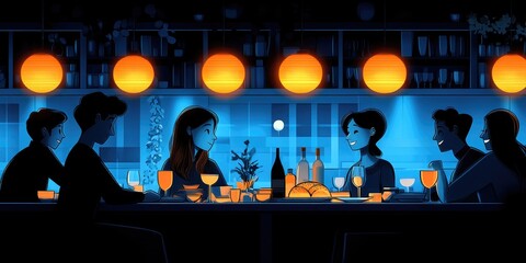 Animated group dining scene with diverse young adults in cozy setting