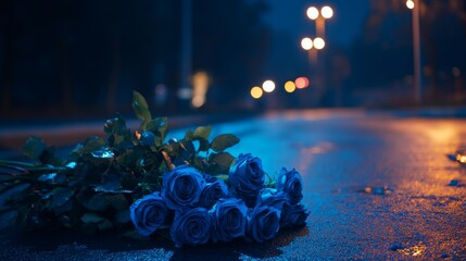 late night city night, street lamp, a huge bouquet of white roses lies on the road, huge rose bouquet, lonely and sad emotional atmosphere, wide angle photoing