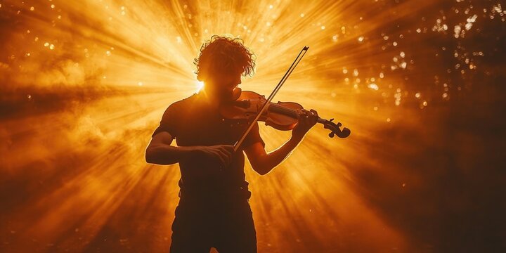 Silhouette of a young caucasian male violinist against a dramatic golden light