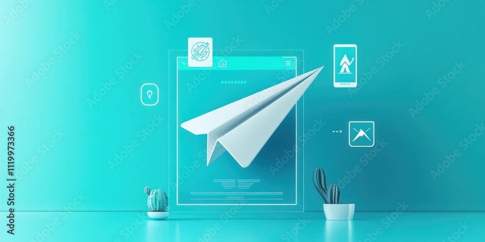 Poster A minimalist design featuring a paper airplane and icons representing communication and technology.