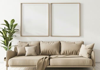 Minimalist living room interior with a beige sofa. two empty frames. and a green plant