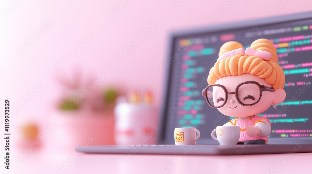 Poster A cute character enjoys a drink while coding on a laptop in a pastel-themed workspace.