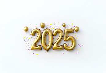 Ornamental gold “2025” with metallic sheen and colorful confetti