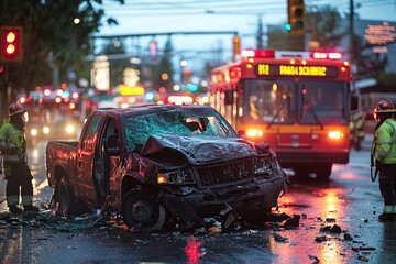 A realistic depiction of an accident involving a pickup truck and a container truck. The scene reveals significant damage and the severity of the collision between the two vehicles.

