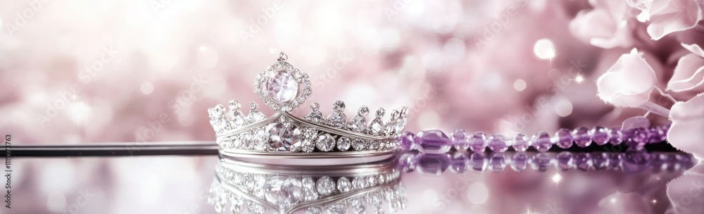 Poster a sparkling tiara rests elegantly on a reflective surface with a soft pink floral background.