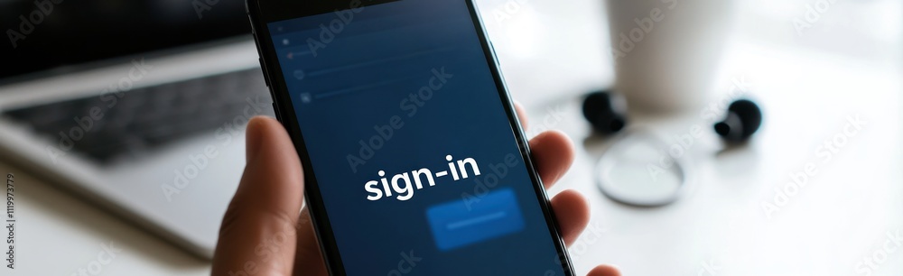 Poster A hand holding a smartphone displaying a sign-in screen for an application.