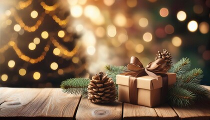 christmas present and pine cones on a rustic wooden table with blurred christmas tree and bokeh lights background