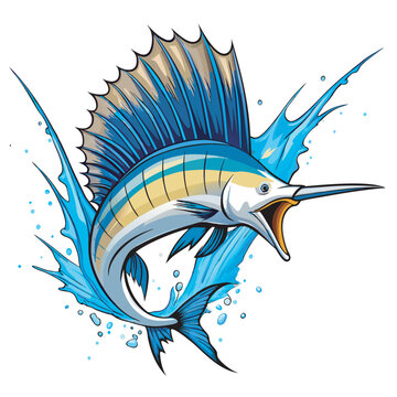 Atlantic sailfish Fish with water splash cartoon vector 