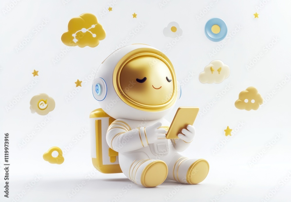 Aufkleber a cute astronaut character sitting and using a smartphone surrounded by whimsical clouds.