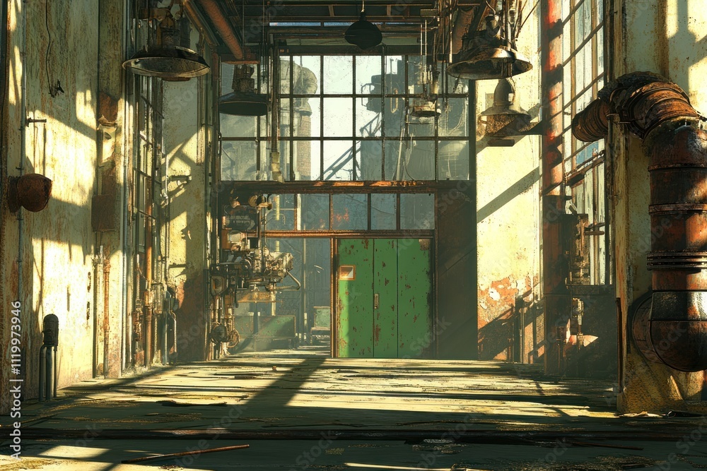 Poster an industrial interior with sunlight filtering through large windows, showcasing rust and decay.