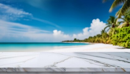 white marble stone table top on blur tropical beach background can be used for display or montage your products high quality photo