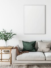 A modern living room interior with a white sofa. a wooden side table and a blank canvas frame on the white wall
