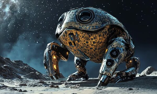 A futuristic robotic frog stands on a lunar landscape under a starry sky.