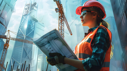 Female engineer reviewing blueprints at a construction site.