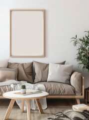 A modern living room interior with a beige sofa. coffee table. and a framed picture above the sofa