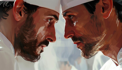 Two rival chefs competing in a high-stakes cooking competition, with love blossoming amidst the culinary chaos
