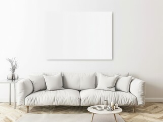 Minimalist living room interior with a white couch. a coffee table. and a blank canvas on the wall