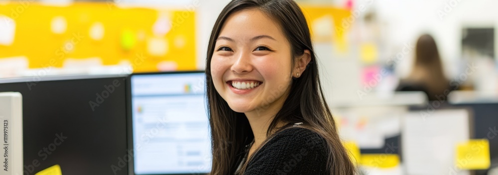 Poster A smiling woman at a desk in an office setting with colorful sticky notes.