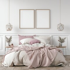 Minimalist bedroom interior with a pink bedding. two framed posters. and two pendant lamps on wooden side tables