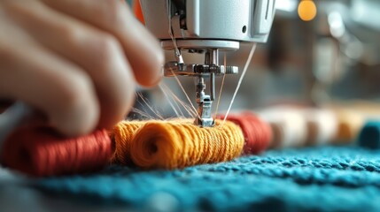 A close-up of a sewing machine stitching colorful threads with precision, showcasing the art of crafting with bright yarns and meticulous attention to detail.