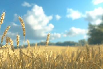 Wheat field under bright blue sky with fluffy clouds during day in summer