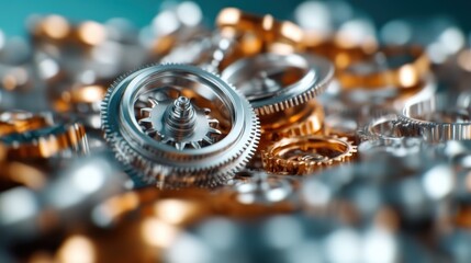 A detailed close-up of silver and gold gears interlocking, representing intricacy and precision in mechanics, showcasing their metallic brilliance and complexity.