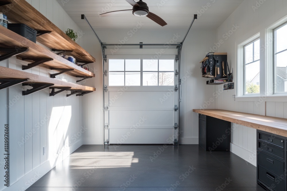 Poster a modern garage with shelves, a workbench, and a large door for functionality and organization.