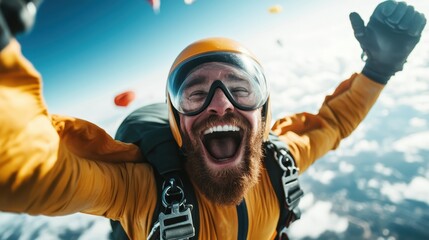 In mid-air, a skydiver captures an exhilarating selfie featuring a broad smile, with parachutes visible in the background, highlighting excitement and adventure.
