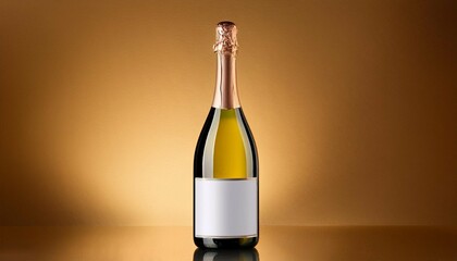 symmetrical champagne bottle with blank matte gold and white label against gold background mock up