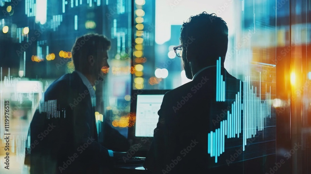 Leinwandbilder two business accountants engage in a discussion about financial strategies at night in a sleek offic
