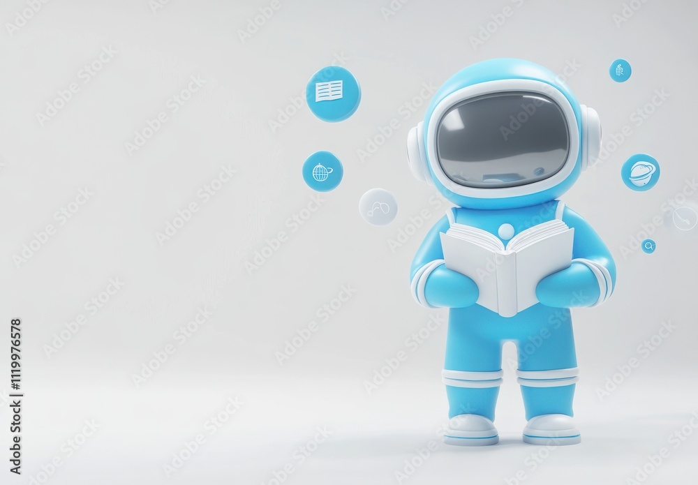 Poster A cute blue astronaut reading a book with floating icons representing knowledge and learning.