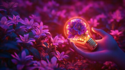 Illuminating Nature: A Hand Holds a Light Bulb Filled with Flowers in a Purple Garden