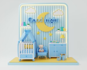 Front view of a children's room in blue tones. Children's bed with a canopy, an armchair with a soft toy, a chest of drawers with a lamp.
Decorative moon, clouds, stars on the wall. 3D rendering.