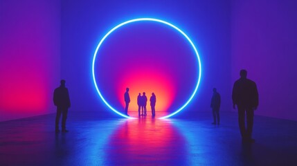 Obraz premium Silhouetted figures in a room with a large neon circle.