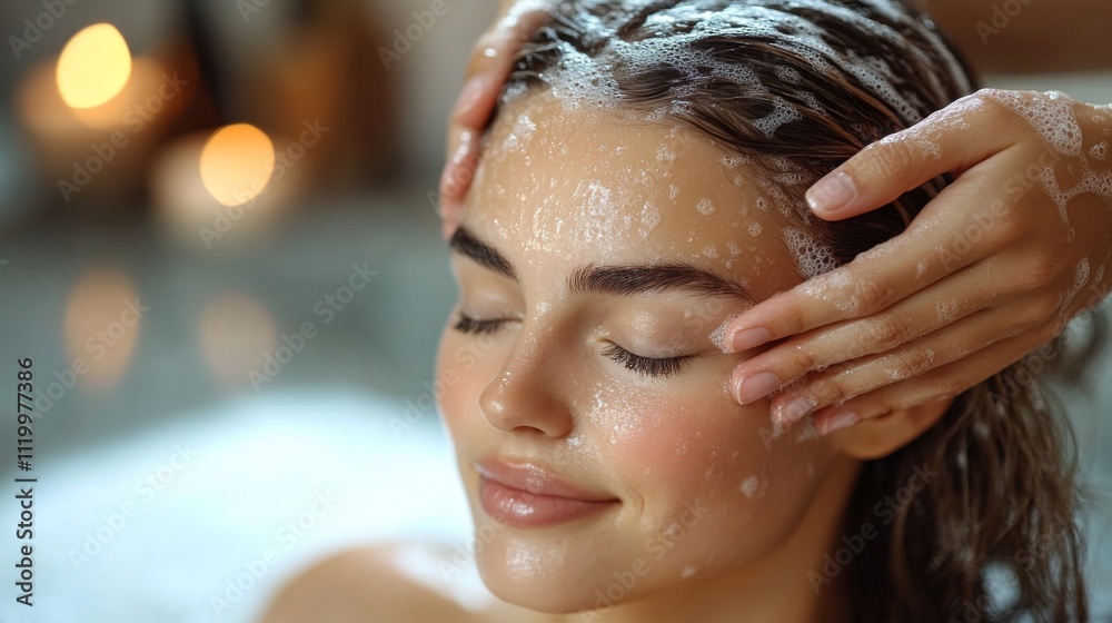 Poster a woman enjoys a calming head massage with gentle hand movements and soothing bubbles. candles flick