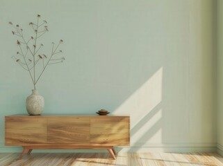 Minimalist interior design with a wooden cabinet against a light blue wall