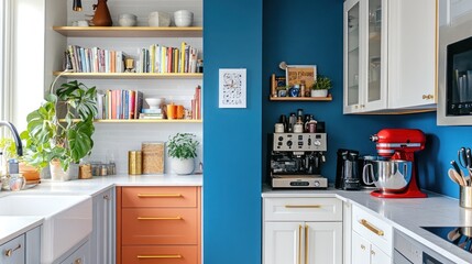 Modern kitchen with blue accent wall, coral cabinets, and gold hardware.