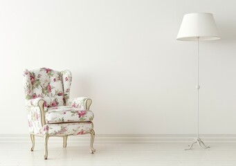 Floral armchair with a floor lamp in a white room