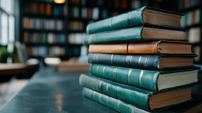 An assortment of green and brown hardcover books stacked on a sleek steel table, with a blurred bookshelf background, evoking a scholarly and intellectual ambiance.