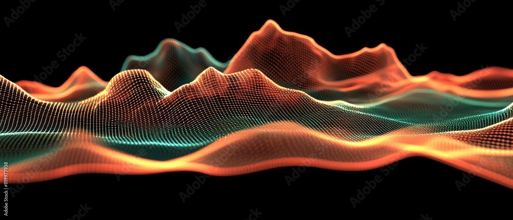 Poster abstract digital landscape with flowing waves and peaks in vibrant colors.