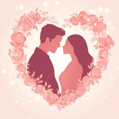 Valentine's Day Pink Background with Roses and Heart-Shaped Couple Silhouette. Cute Flat Design Vector Illustration, High Resolution, Pastel Colors, Glittering Lights.