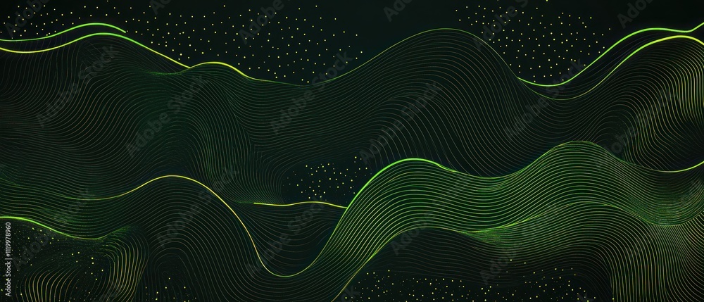 Aufkleber Abstract green waves with flowing lines and dots, creating a dynamic visual effect.