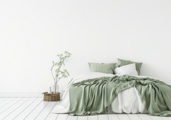 Minimalist bedroom interior with a green bedspread and white wood floor
