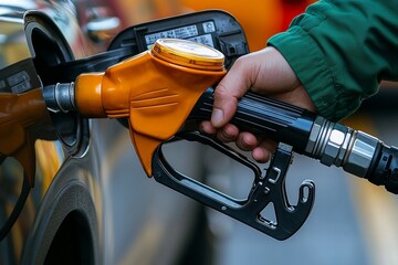 Fueling Up at a Gas Station with Pump Nozzle