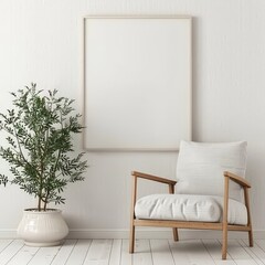 A minimalist living room with a white armchair. a potted plant. and a blank canvas on the wall