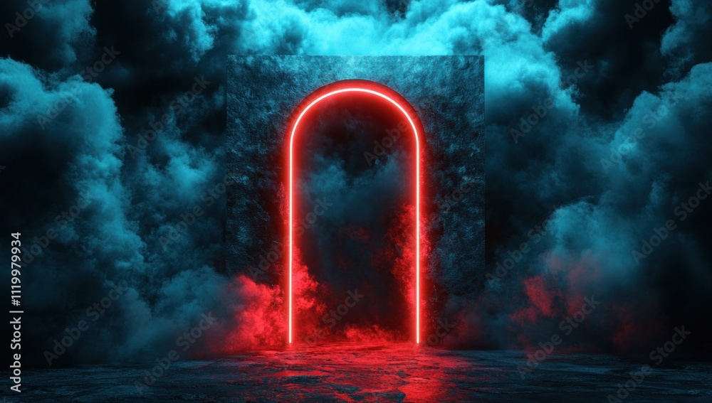 Poster a glowing archway surrounded by vibrant clouds, creating a surreal atmosphere.