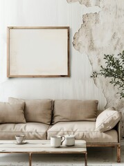 A cozy living room with a beige couch. a coffee table with two cups of tea. a framed blank canvas. and a plant in the background against a white wall with distressed paint