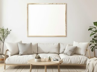 Minimalist living room interior with a white sofa. wooden coffee table. and a large blank picture frame on the wall