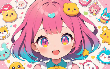 Adorable Anime Girl Surrounded by Cute Cartoon Animals: A Vibrant Pink and Teal Digital Illustration