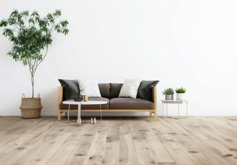 Minimalist living room with a brown sofa. wooden floor. and a potted plant in a wicker basket